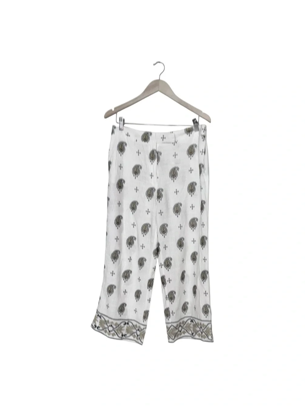 ZARA. White Yellow Embroidered Linen Blend Wide Leg Pants Side Pockets XL